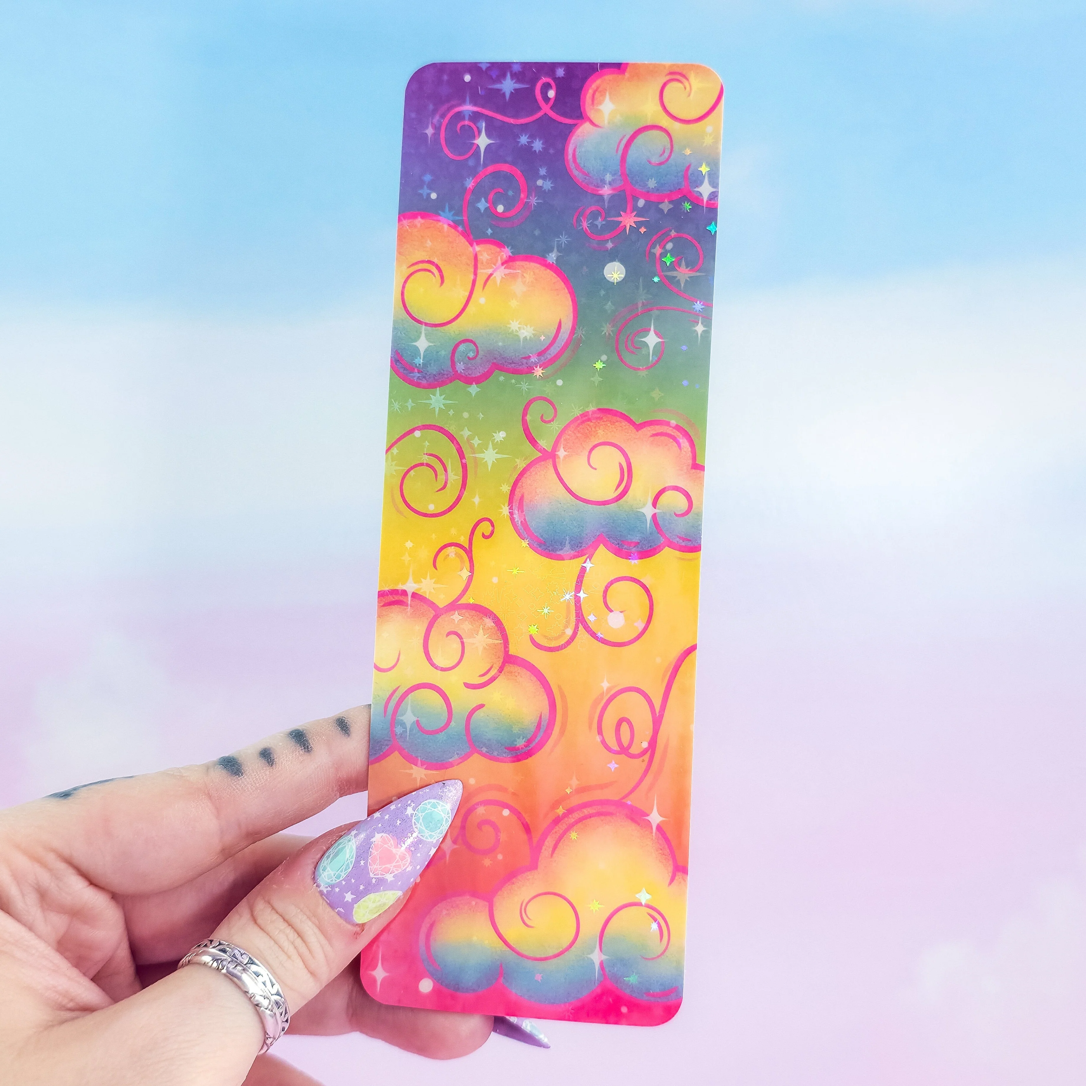 Rainbow Holographic Clouds Bookmark – Cute Colorful Bookmark, Book Lover Gift - Image 3