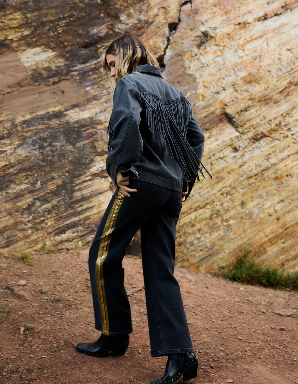 Rebel Wide Leg In Carbon w/ Gold Tuxedo Stripe - Image 4