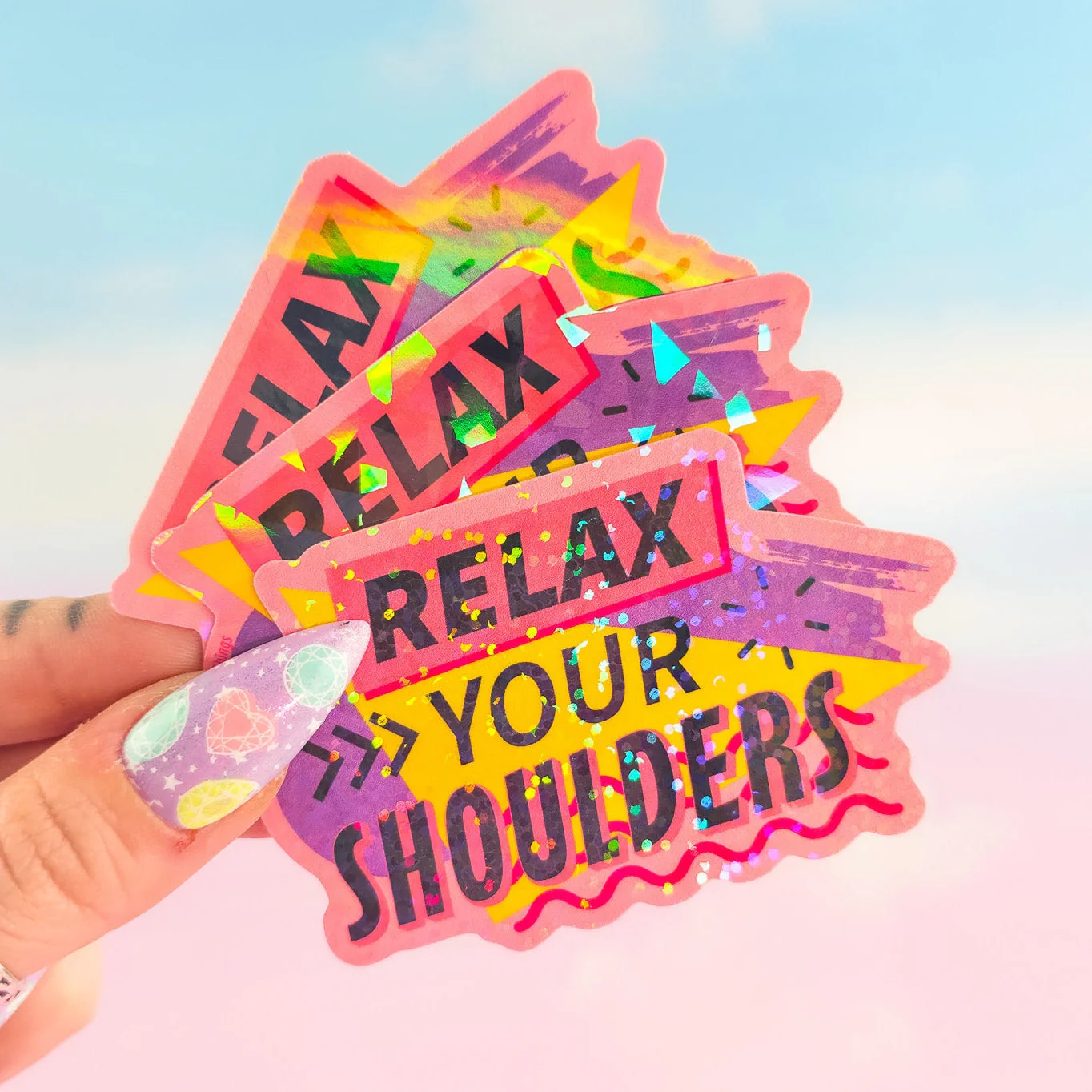 Relax Your Shoulders Holographic Sticker – Retro 90s Waterproof Decal - Image 2