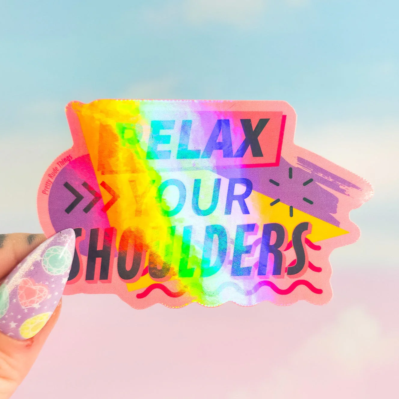 Relax Your Shoulders Holographic Sticker – Retro 90s Waterproof Decal - Image 3