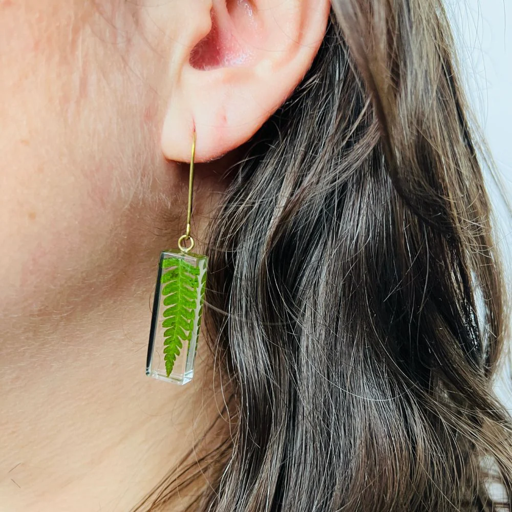 Resin Bar Earrings with Fern - Image 2