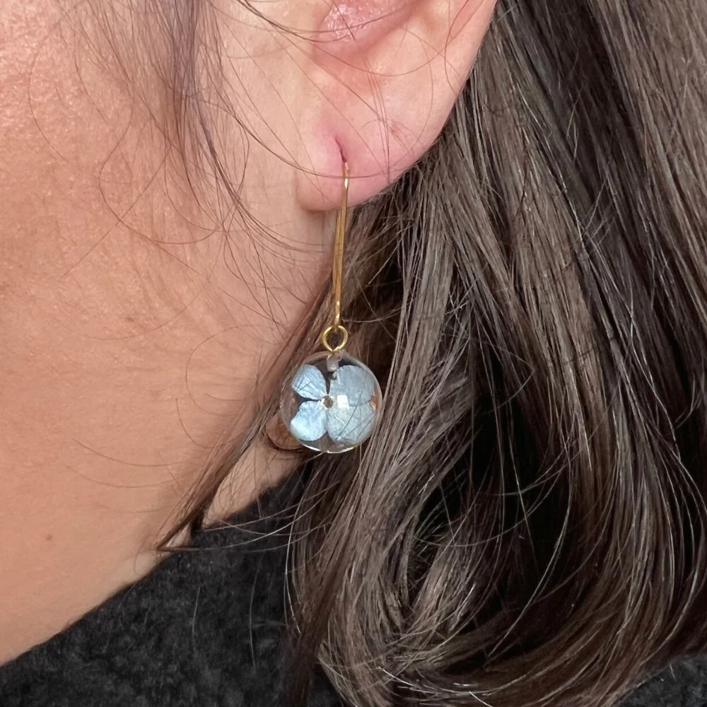 Resin Sphere Earrings with Hydrangea Flowers - Image 2