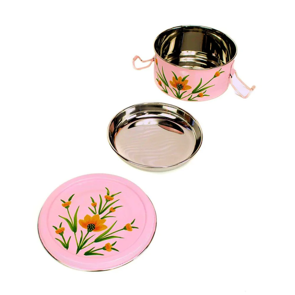 Round Steel Tiffin Container - Pink Floral 4.75" - Image 2