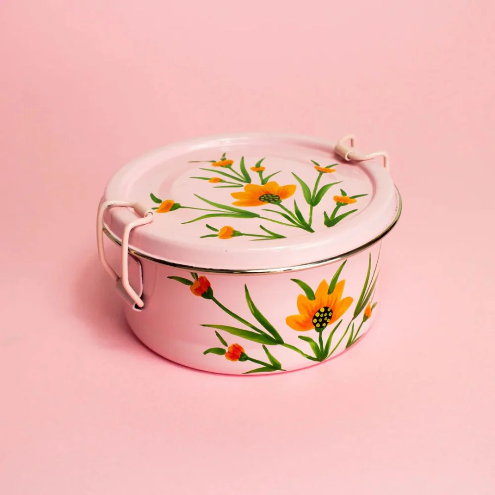 Round Steel Tiffin Container - Pink Floral 4.75" - Image 4