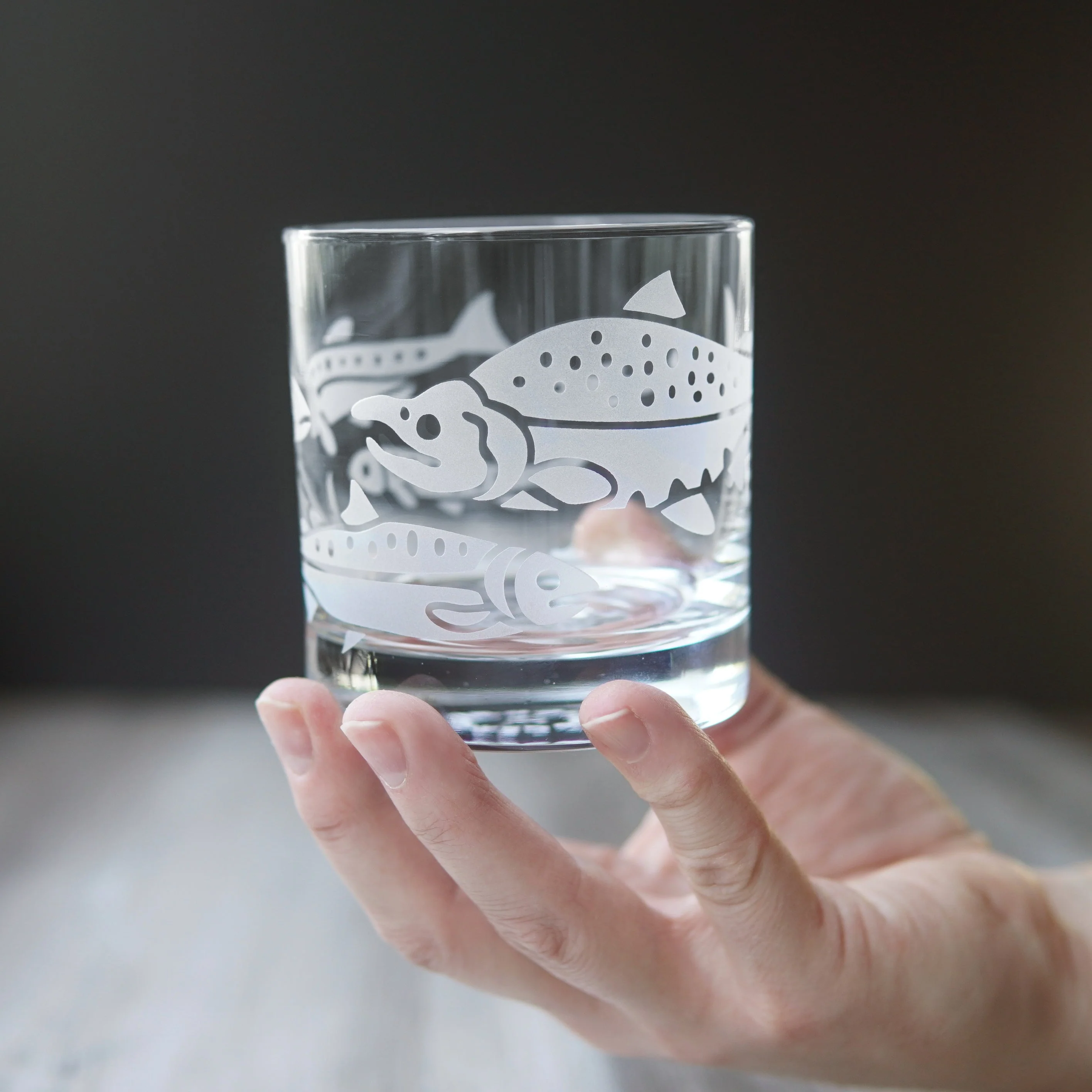 Salmon Lowball Glass - etched fish glassware - Image 3