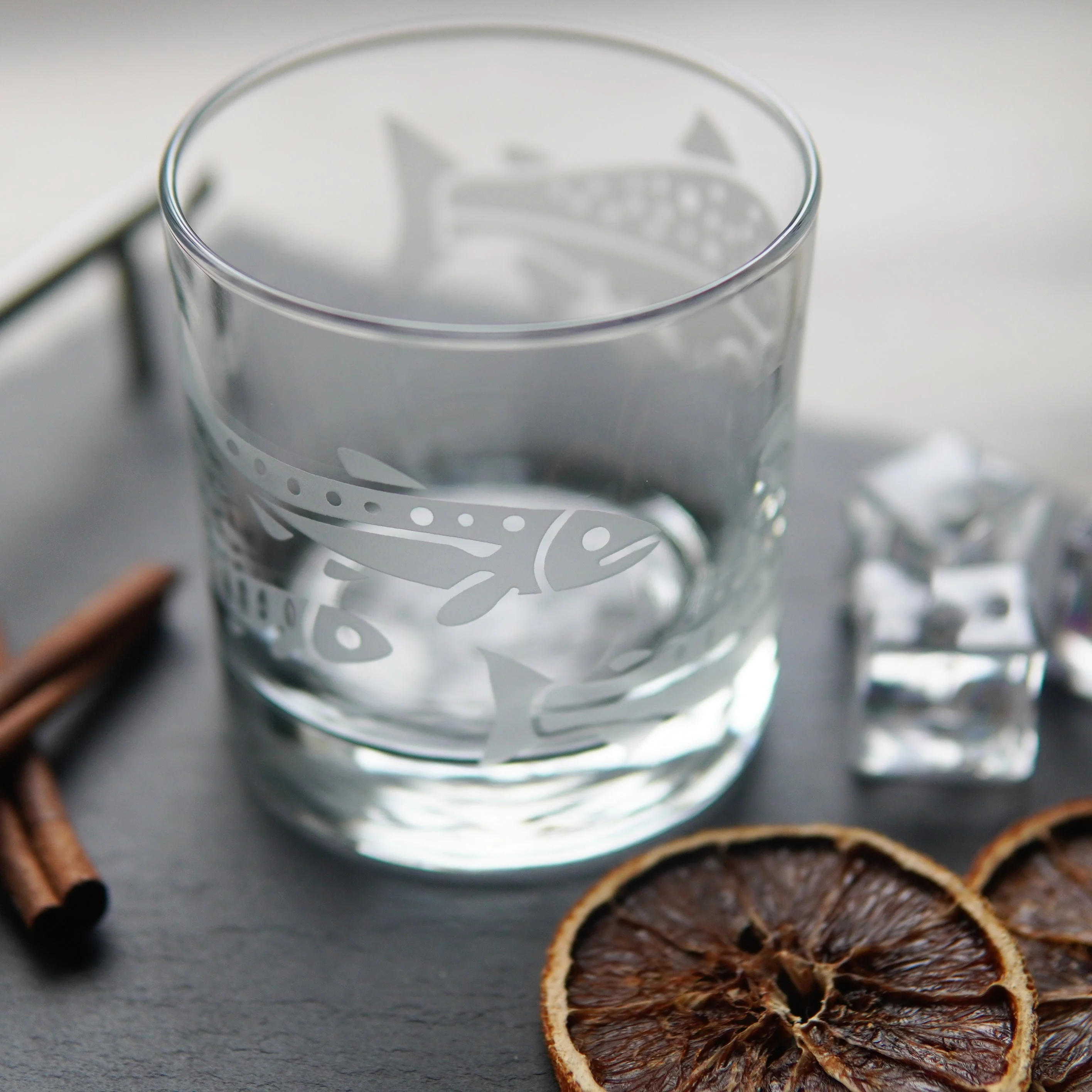 Salmon Lowball Glass - etched fish glassware - Image 5
