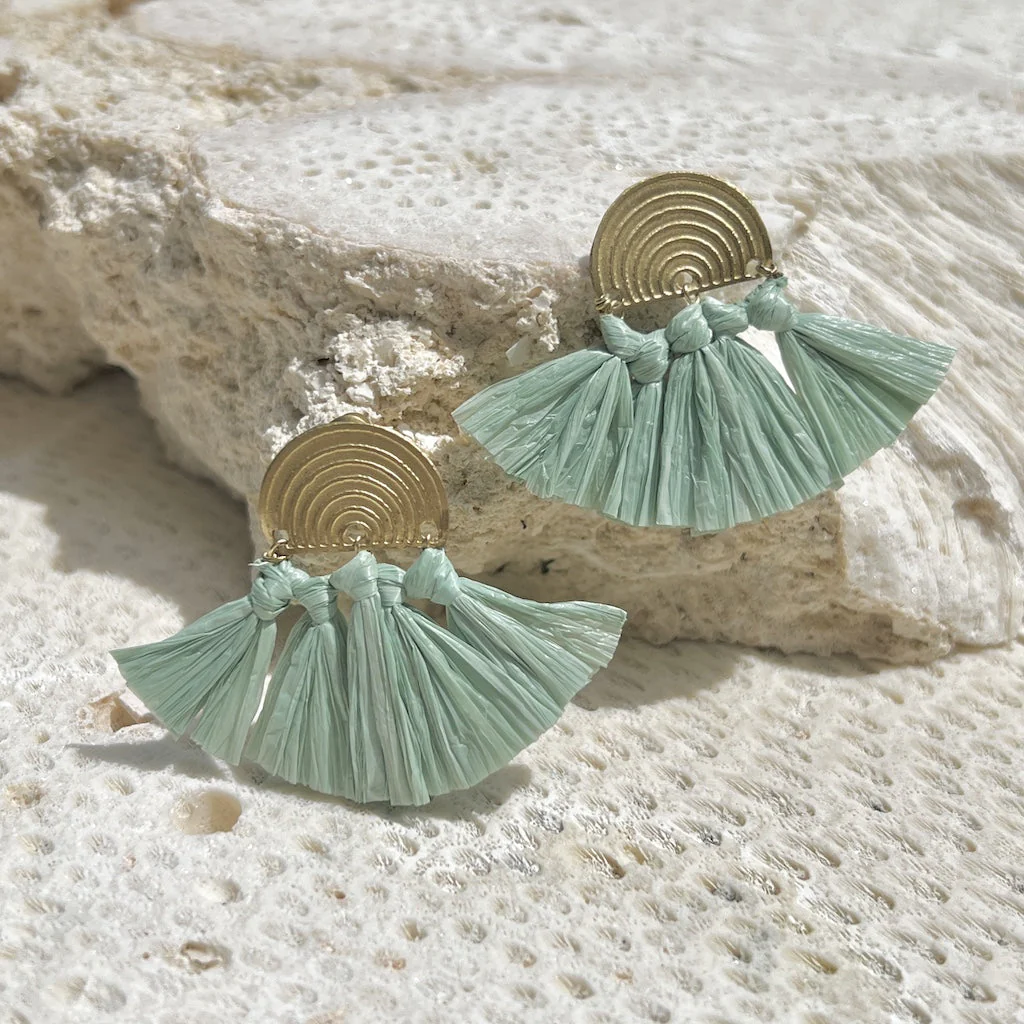 Sea Green Raffia Fan Earrings - Image 2