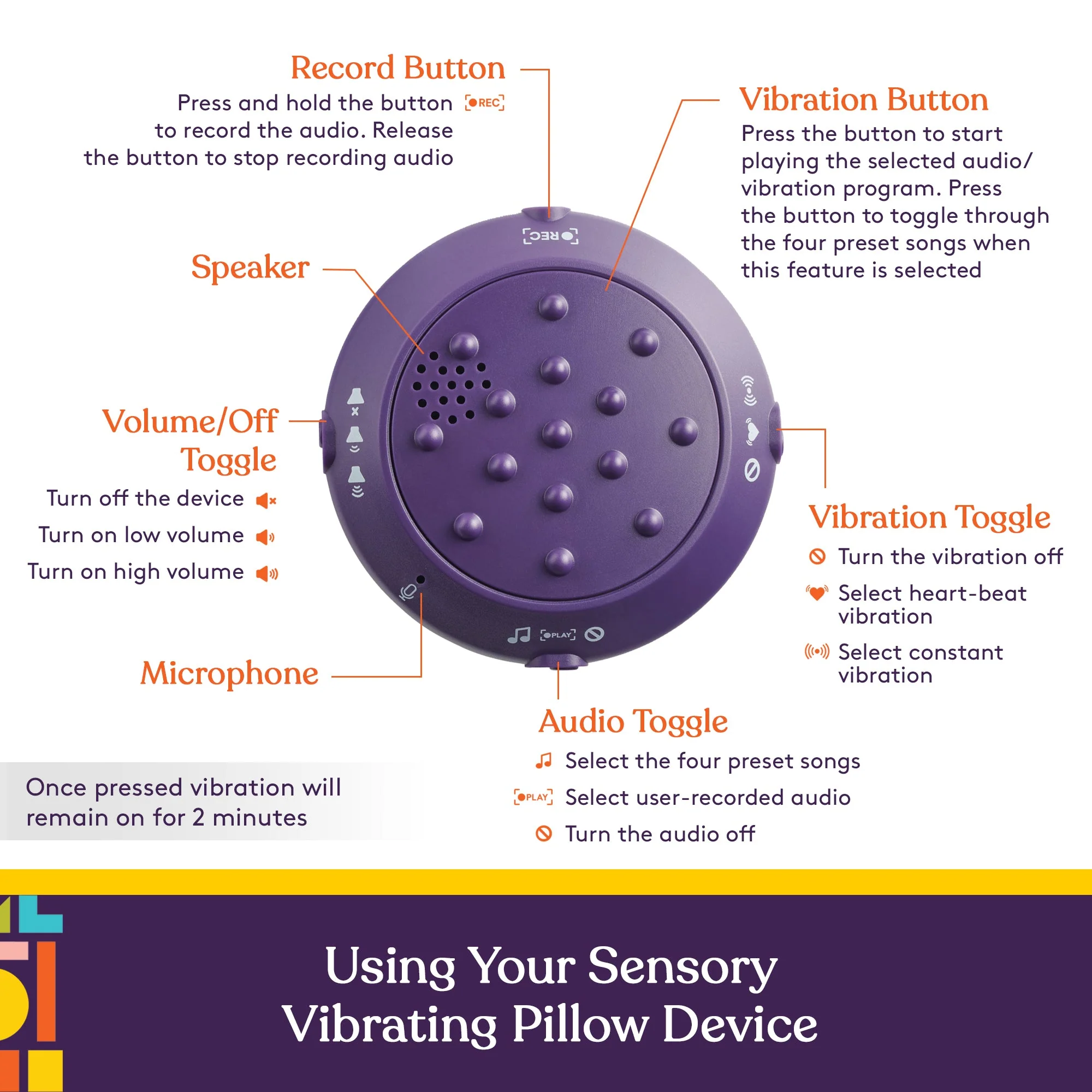 Sensory Vibrating Pillow â Pressure-Activated Calming Support for Kids & Adults, 12â Plush with Textured Bumps, 3 Vibration Modes, Music & Voice Recording (Blue) - Image 2