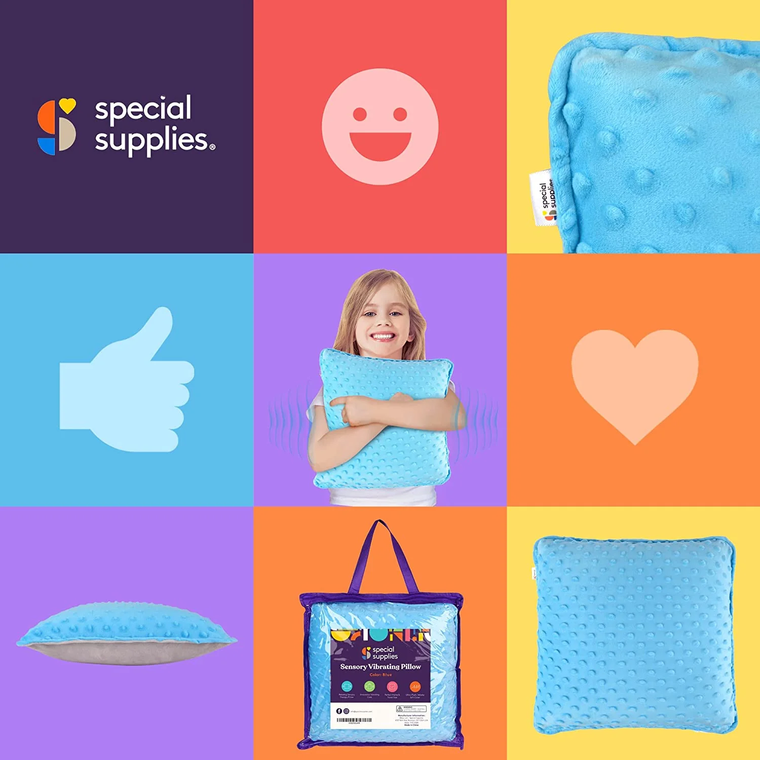 Sensory Vibrating Pillow â Pressure-Activated Calming Support for Kids & Adults, 12â Plush with Textured Bumps, 3 Vibration Modes, Music & Voice Recording (Blue) - Image 8