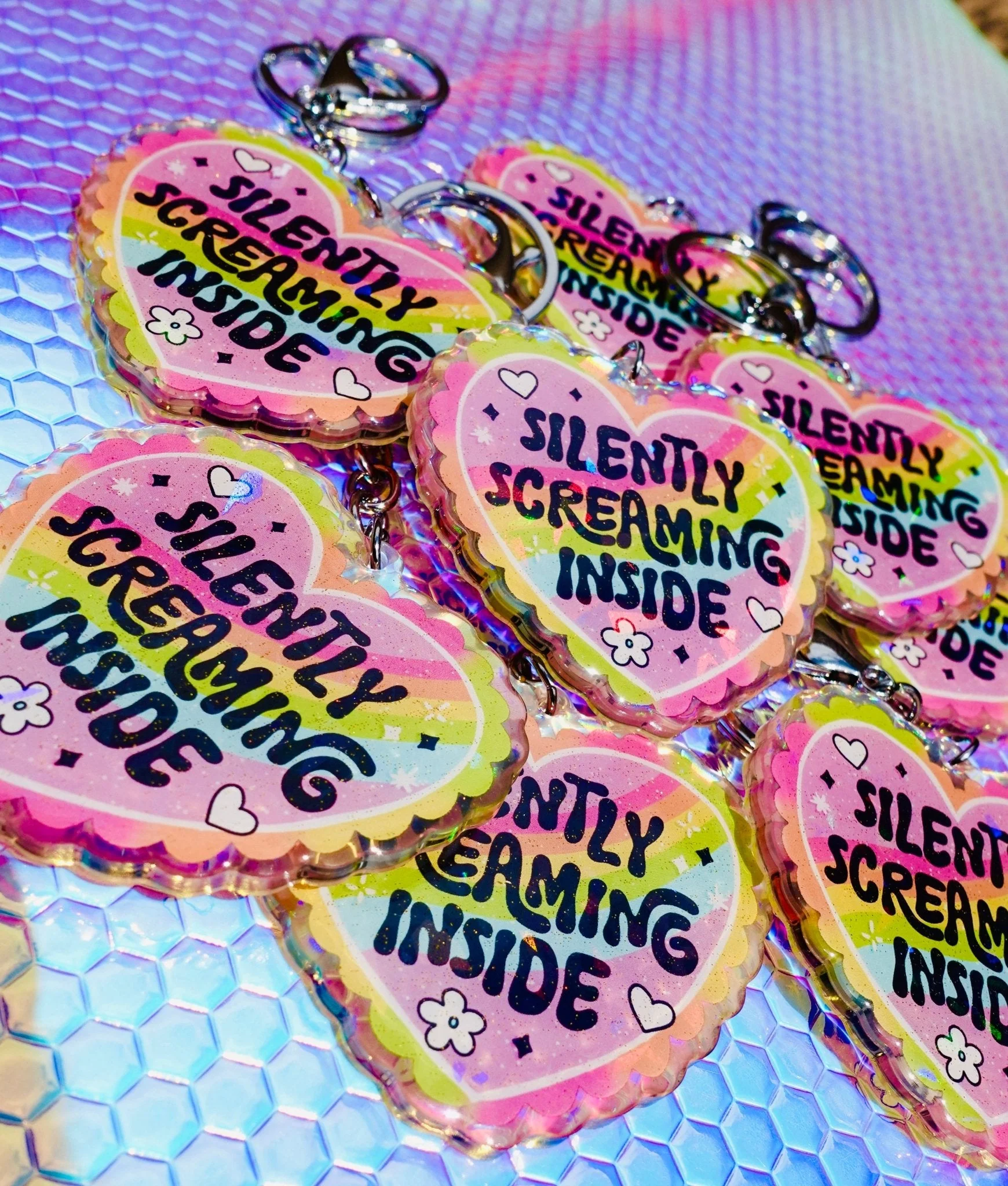 Silently Screaming Inside Holographic Heart Holographic Keychain - Image 2