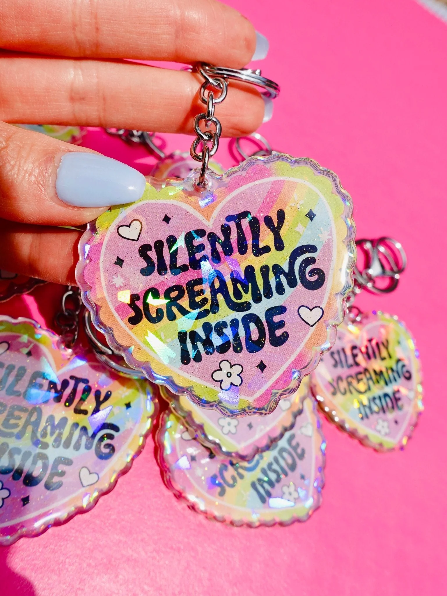 Silently Screaming Inside Holographic Heart Holographic Keychain - Image 3