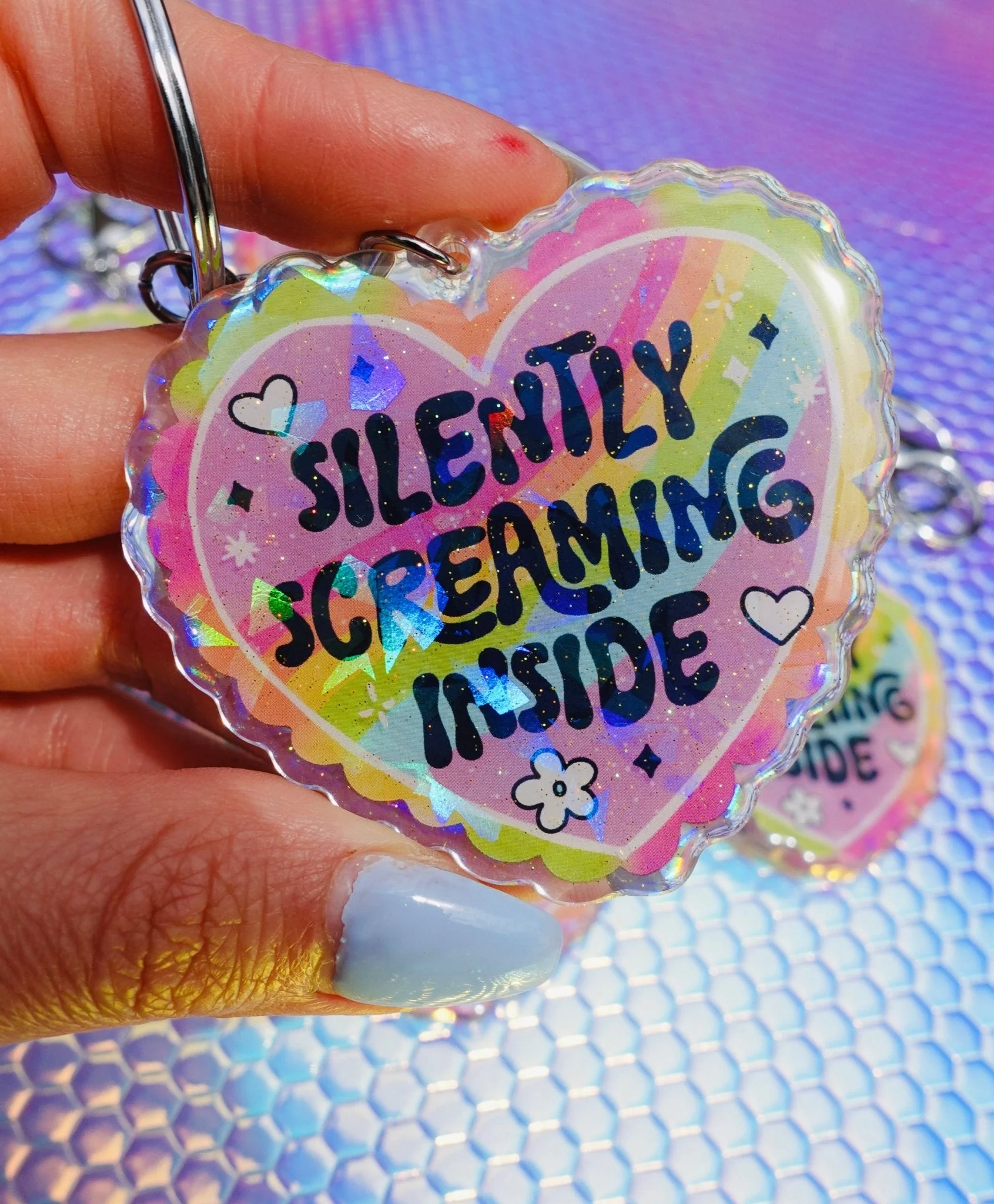 Silently Screaming Inside Holographic Heart Holographic Keychain - Image 5