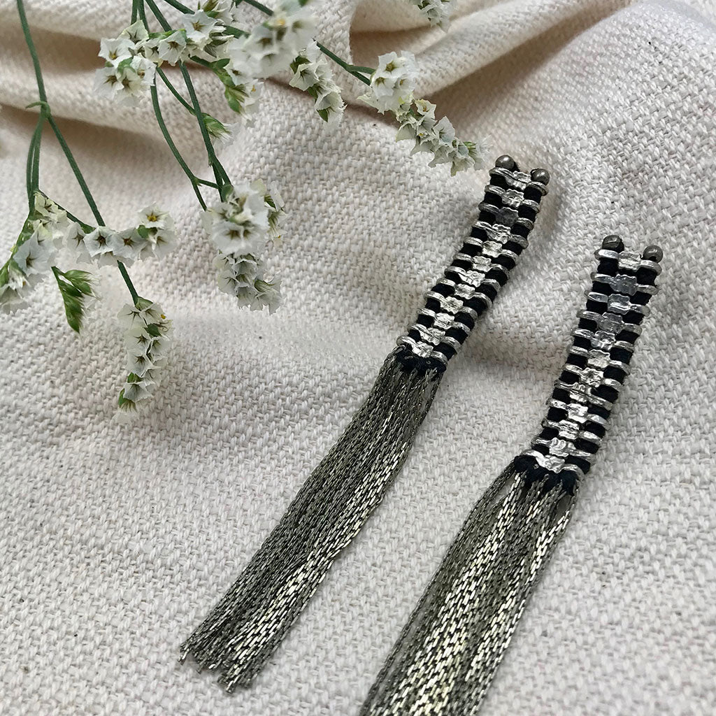 Silver Temple Tassel Earrings - Image 2