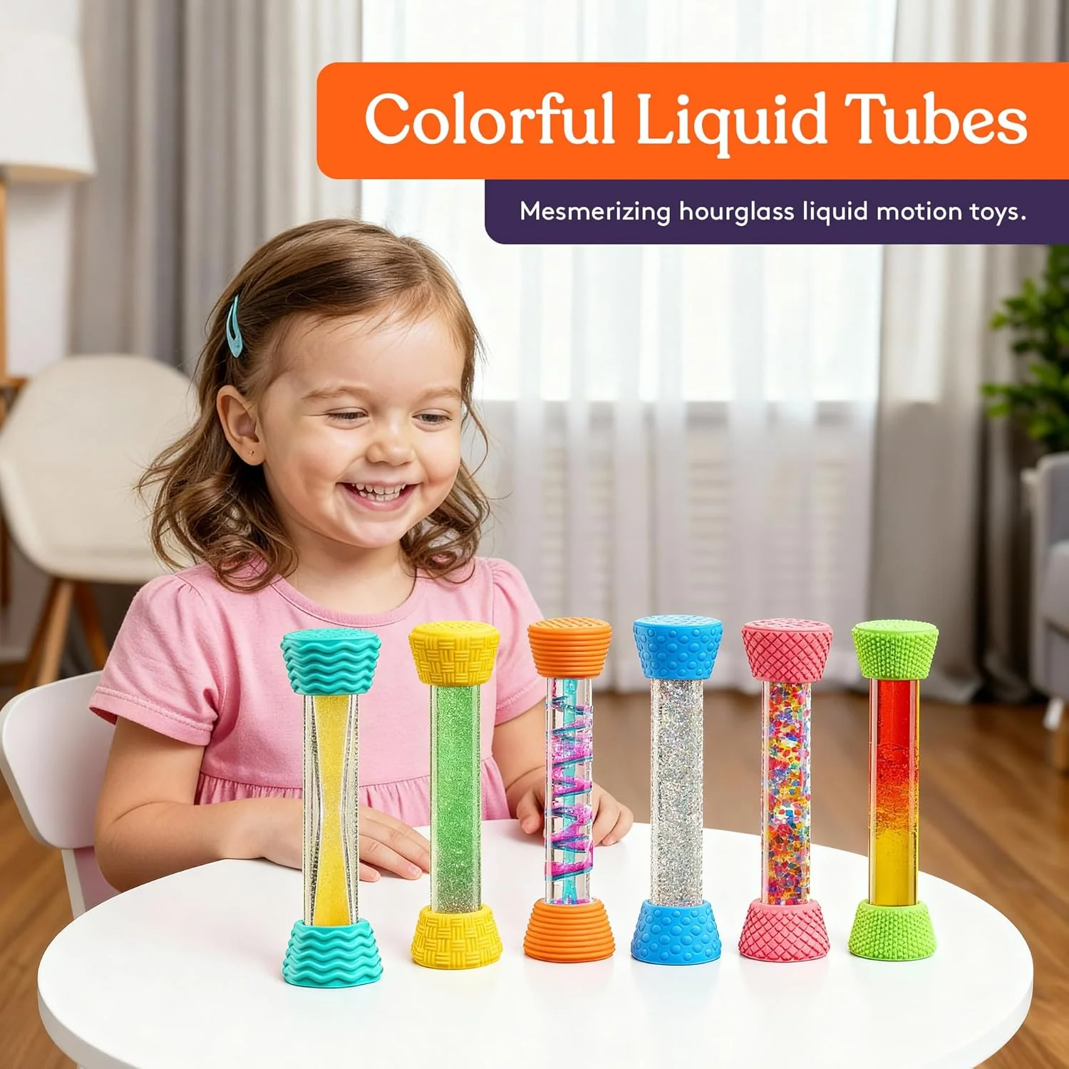Special Supplies Liquid Motion Bubbler Toy Cool Tubes 6-Pack Colorful Hourglass Timer with Droplet Movement, Bedroom, Sensory Play, Cool Home or School, with Silicone Textured Covers - Image 2