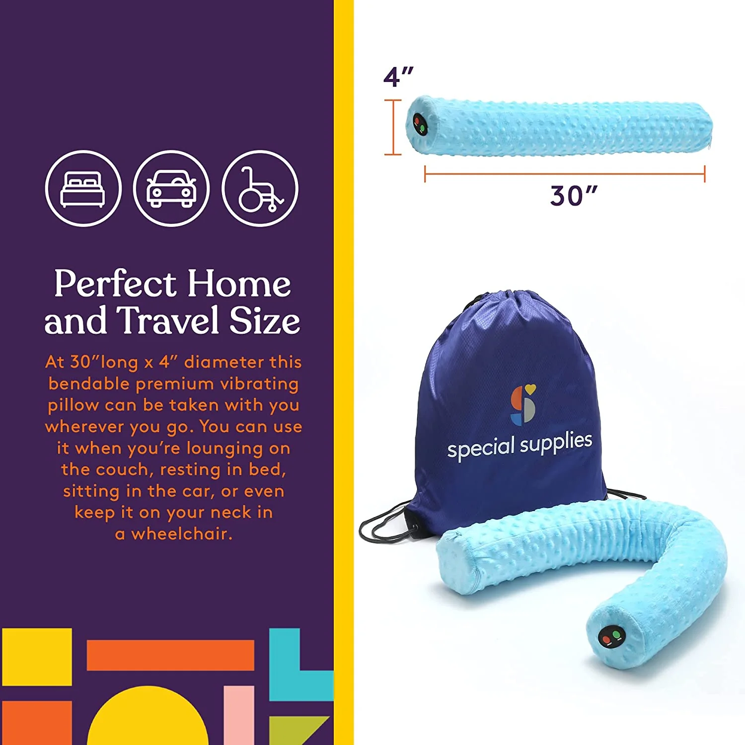 Special Supplies Sensory Vibrating Neck Pillow for Kids and Adults Plush Velvet Soft Cover with Textured Therapy Stimulation, Mind and Body Calming Relaxation- Blue - Image 8