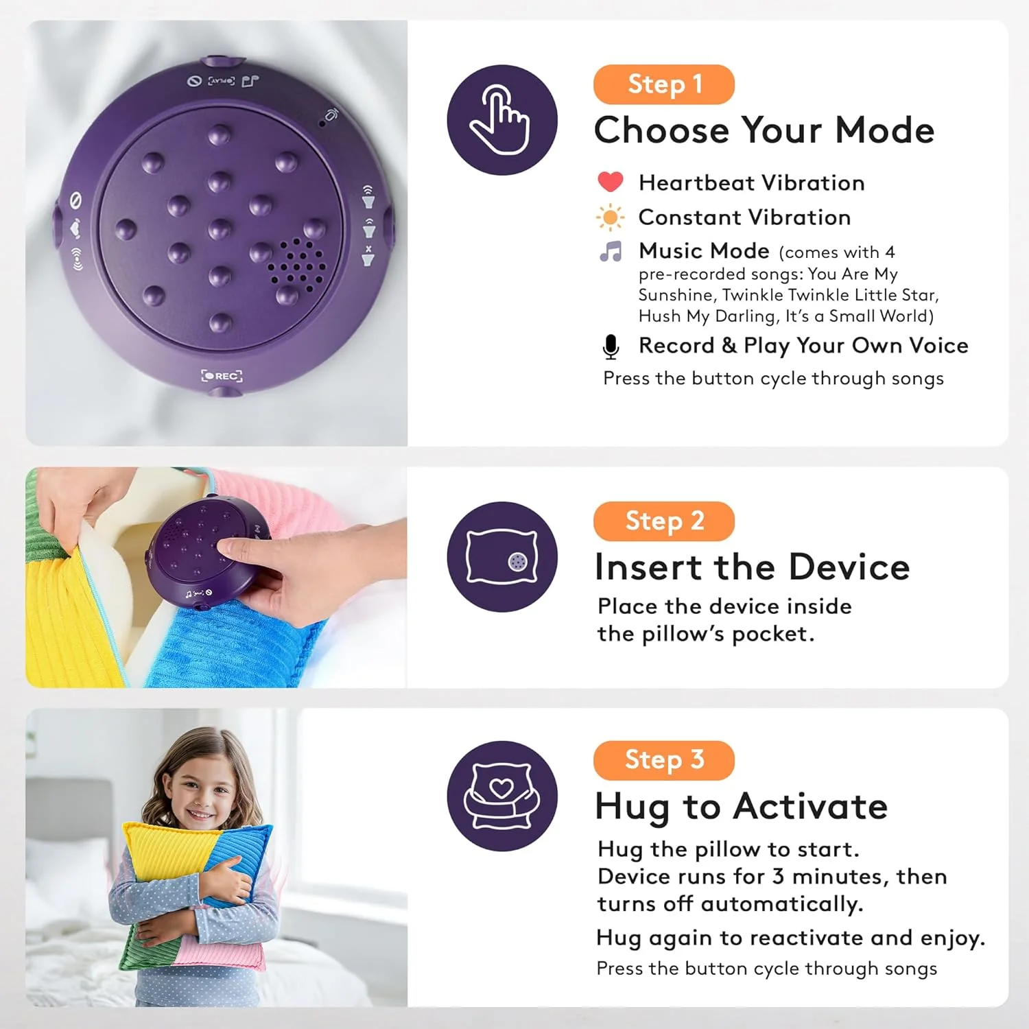 Special Supplies Vibrating Pillow Sensory Pressure Activated Calm for Kids and Adults, 13” Plush Soft Cover with Textured Therapy Stimulation Bumps- 3 Vibration Modes, Music & Voice Recording - Image 4