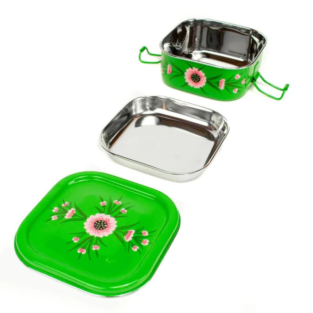Square Steel Tiffin Container - Green Floral 4.5" - Image 2