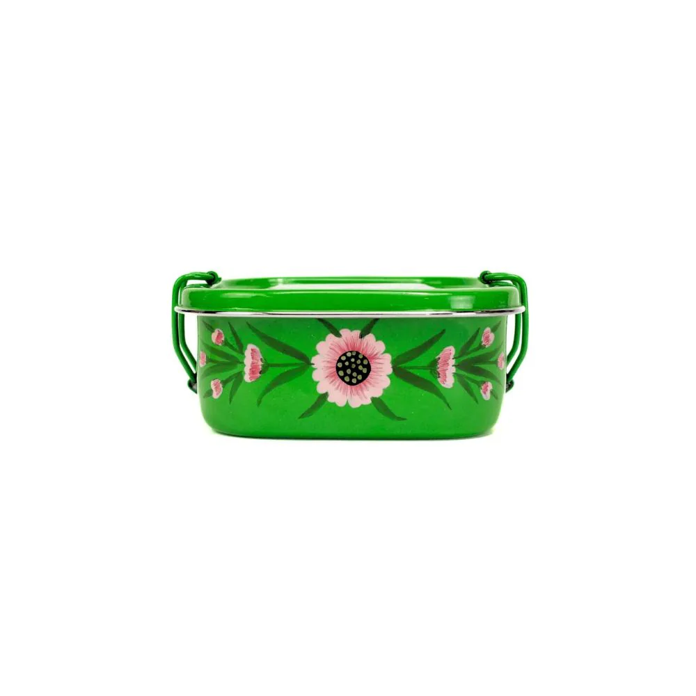 Square Steel Tiffin Container - Green Floral 4.5" - Image 3