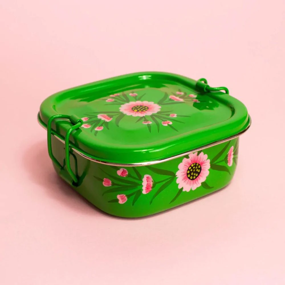 Square Steel Tiffin Container - Green Floral 4.5" - Image 4