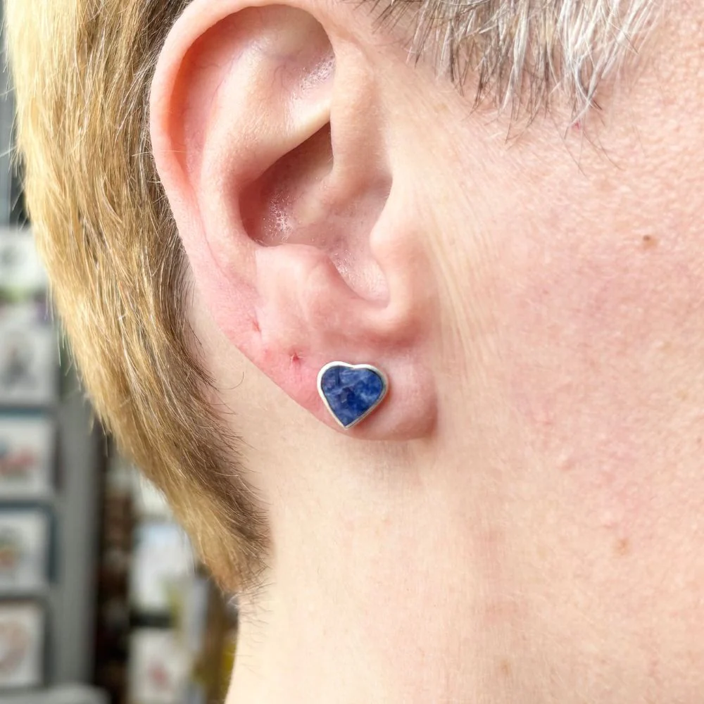 Sterling Silver and Lapis Lazuli Heart Stud Earrings - Image 2