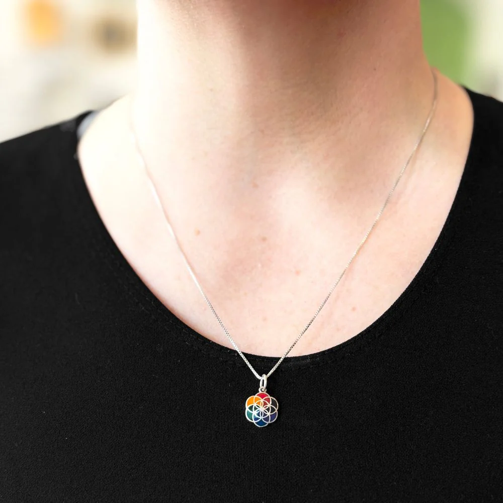Sterling Silver and Stone Flower of Life Pendant Necklace - Image 2