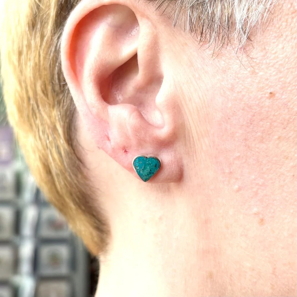 Sterling Silver and Turquoise Heart Stud Earrings - Image 2