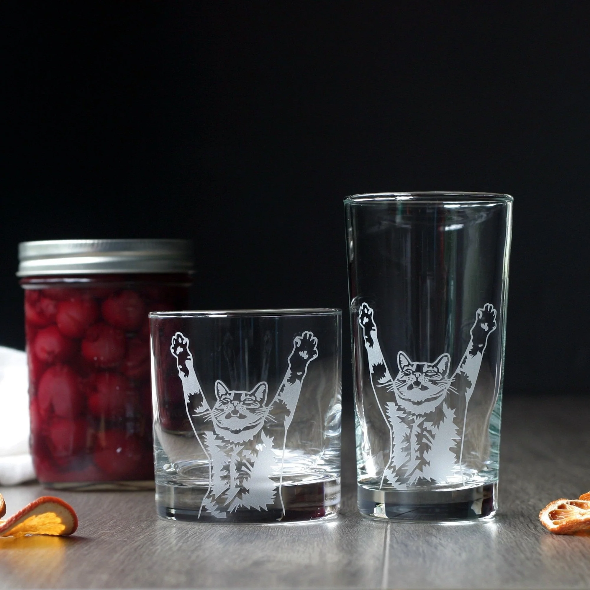 Stretch Cat Lowball Glass - etched cocktail barware - Image 4