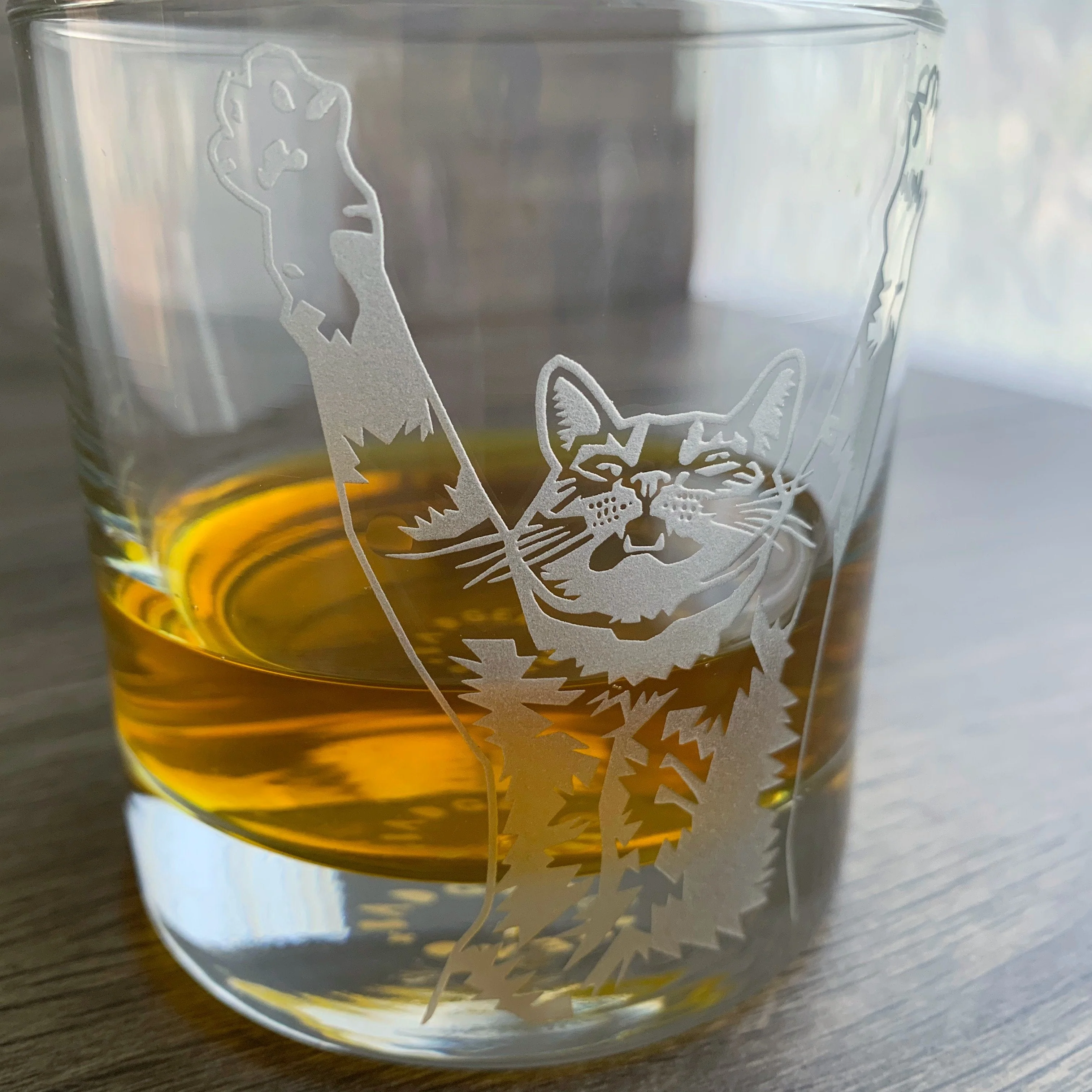 Stretch Cat Lowball Glass - etched cocktail barware - Image 5