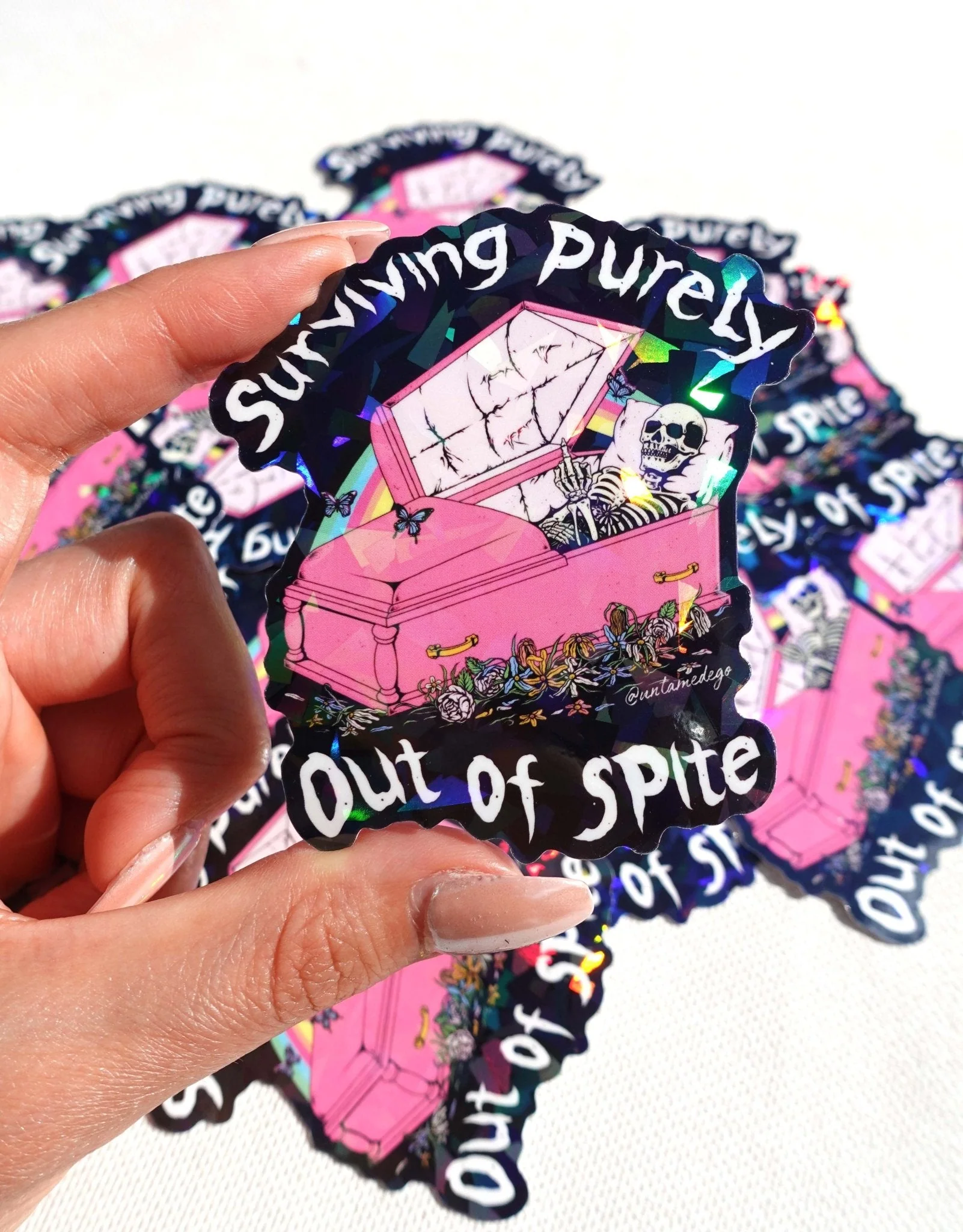 Surviving Purely Out of Spite Sticker – Funny Gothic Glitter Vinyl Sticker - Image 2