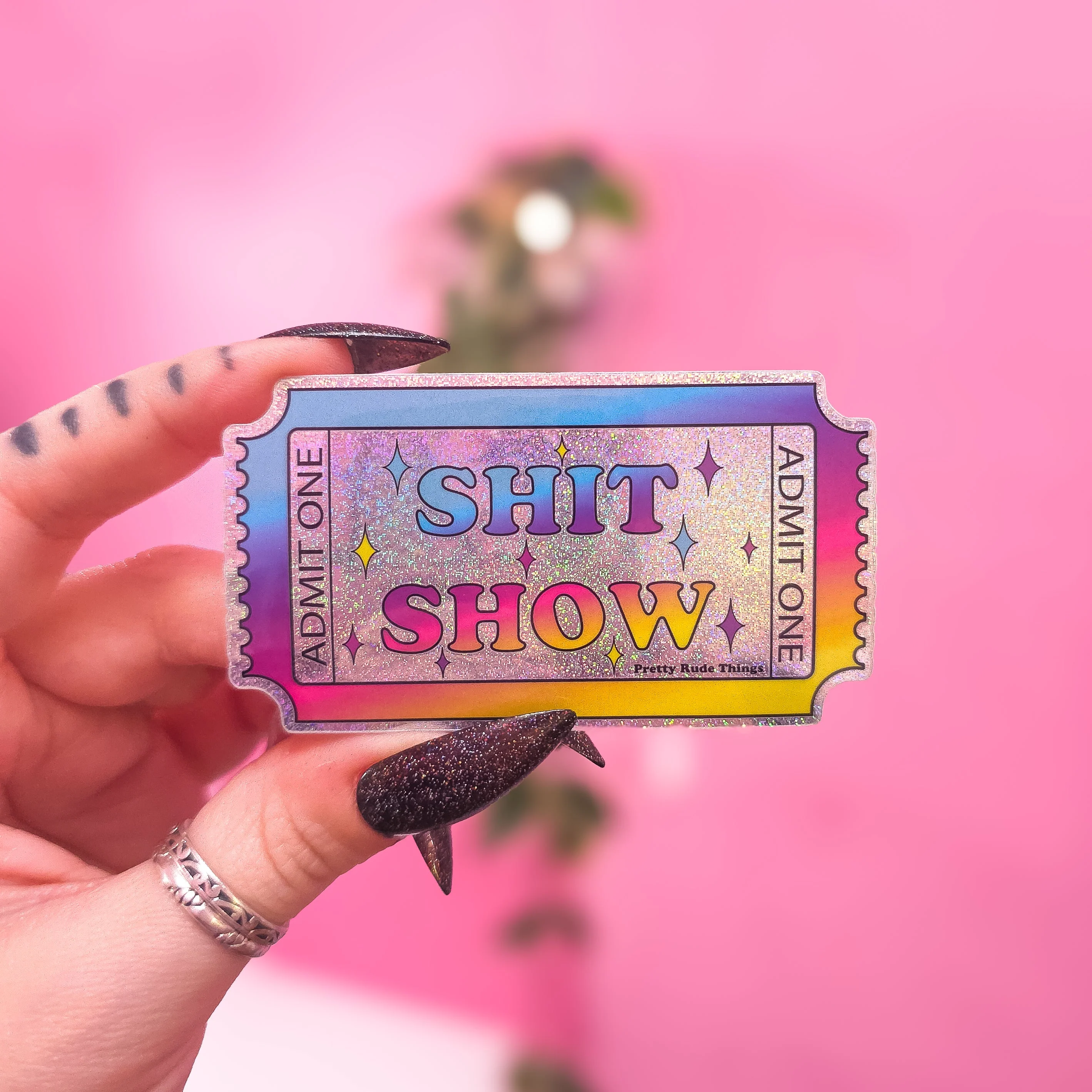 Ticket to the Shit Show Holographic Sticker, 3" x 1.7" - Image 2