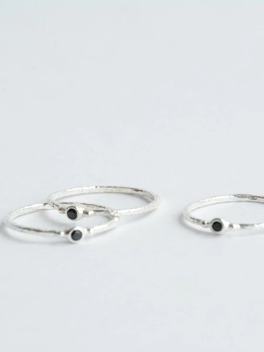 Tiny Stone Sterling Stacking Ring Set - Black - Image 3