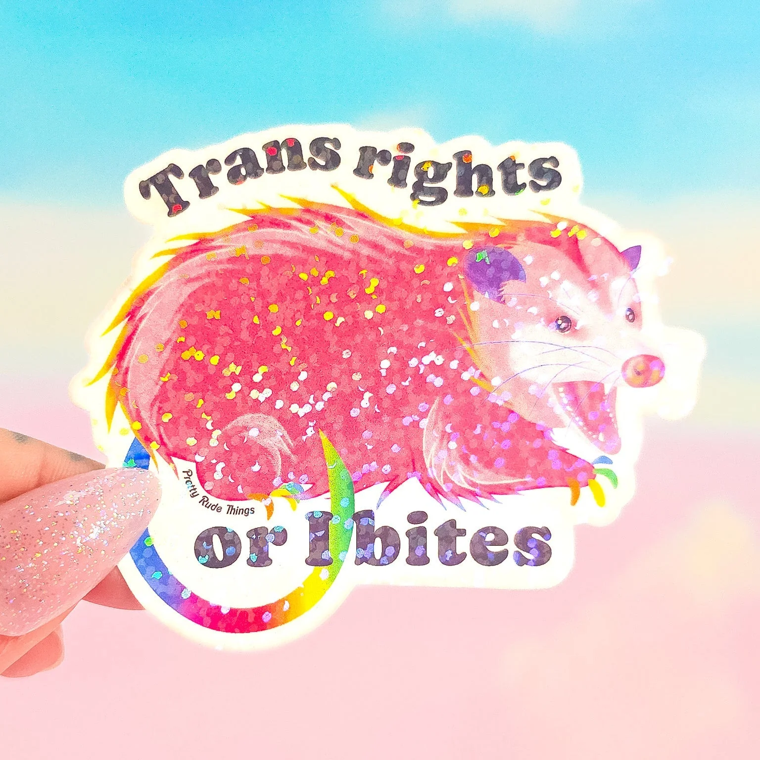 Trans Rights Or I Bites Possum Sticker, 3 x 2.4 in. - Image 2