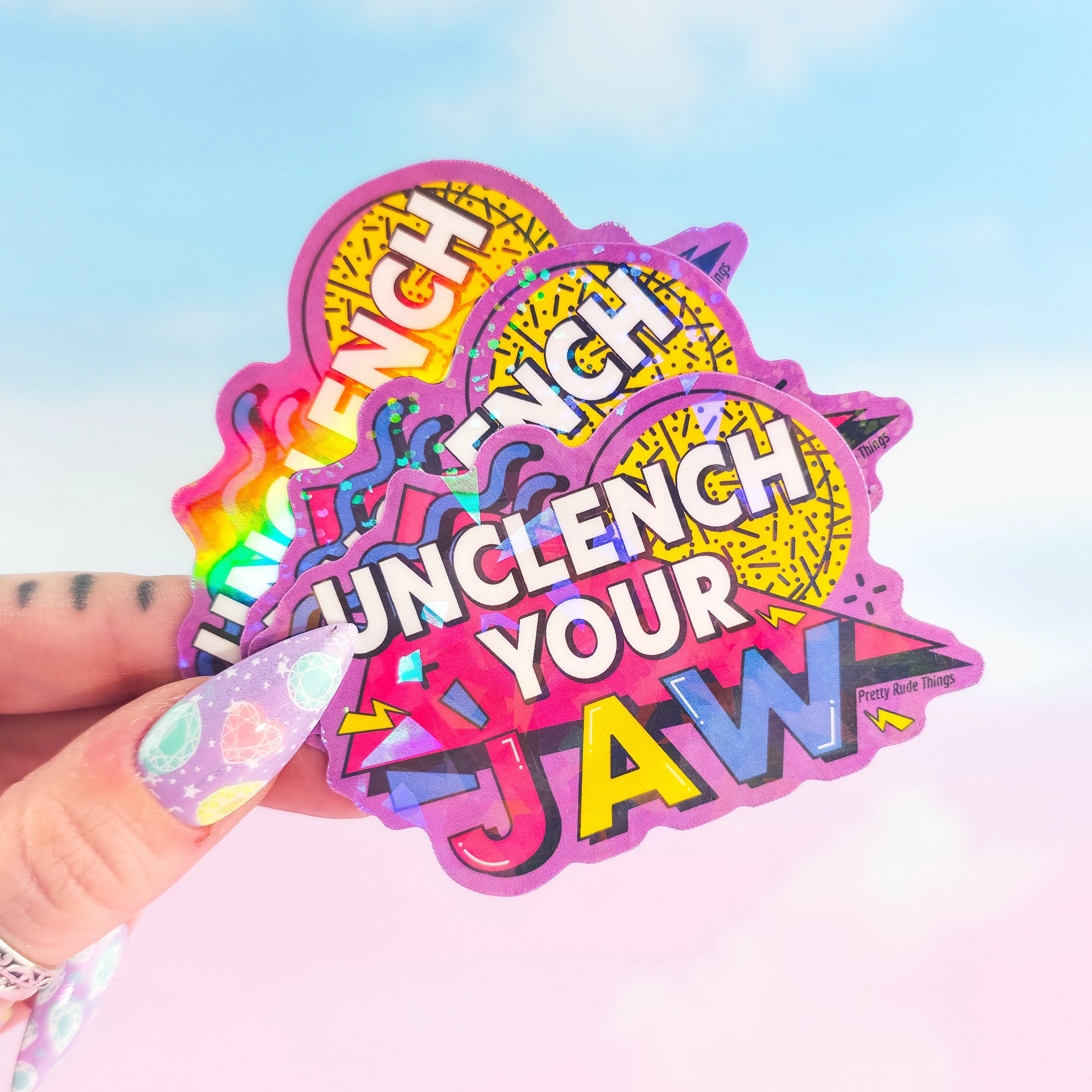 Unclench Your Jaw Sticker â Retro 90s Holographic Waterproof Vinyl - Image 5