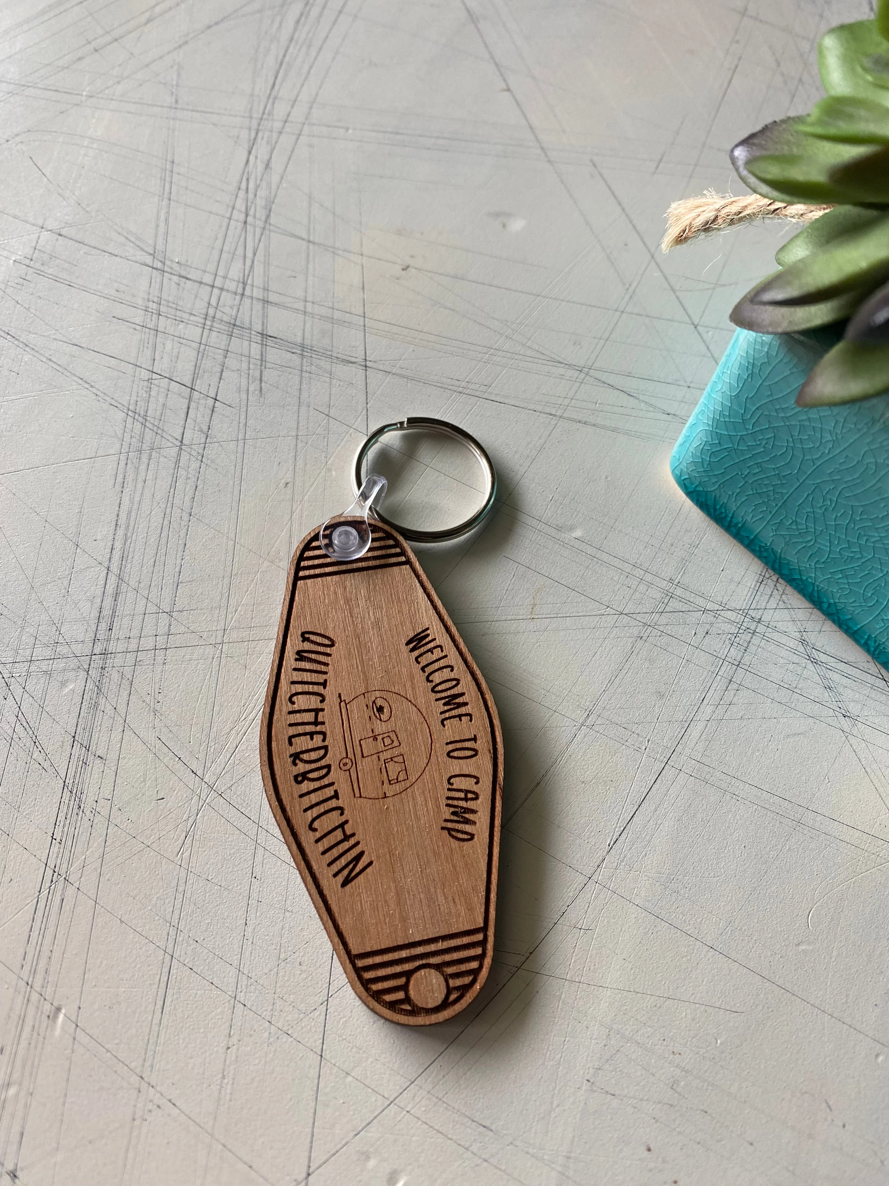 Welcome to Camp Quitcherbitchin - Wood Motel-style Keychain - Image 3