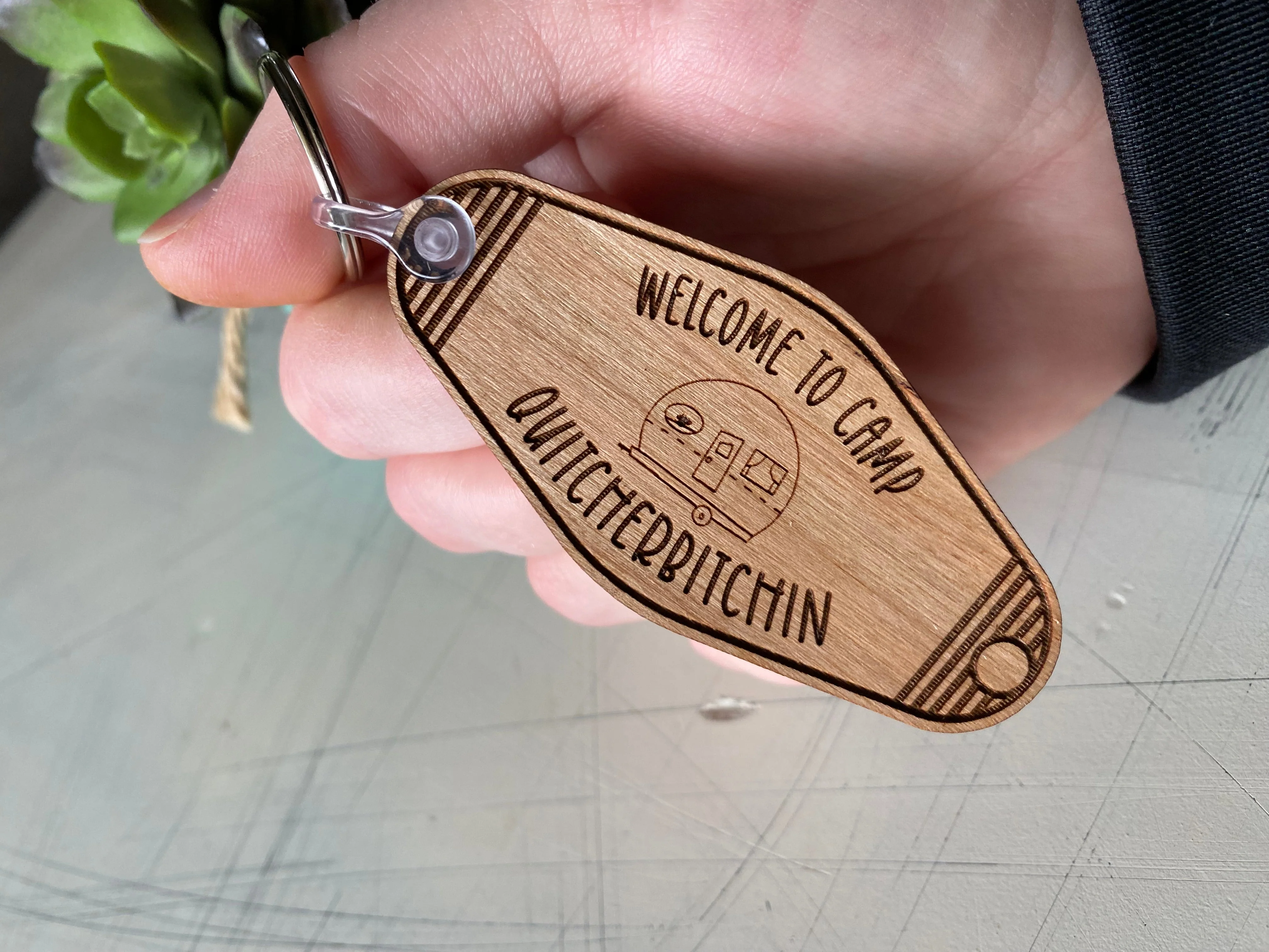 Welcome to Camp Quitcherbitchin - Wood Motel-style Keychain - Image 5