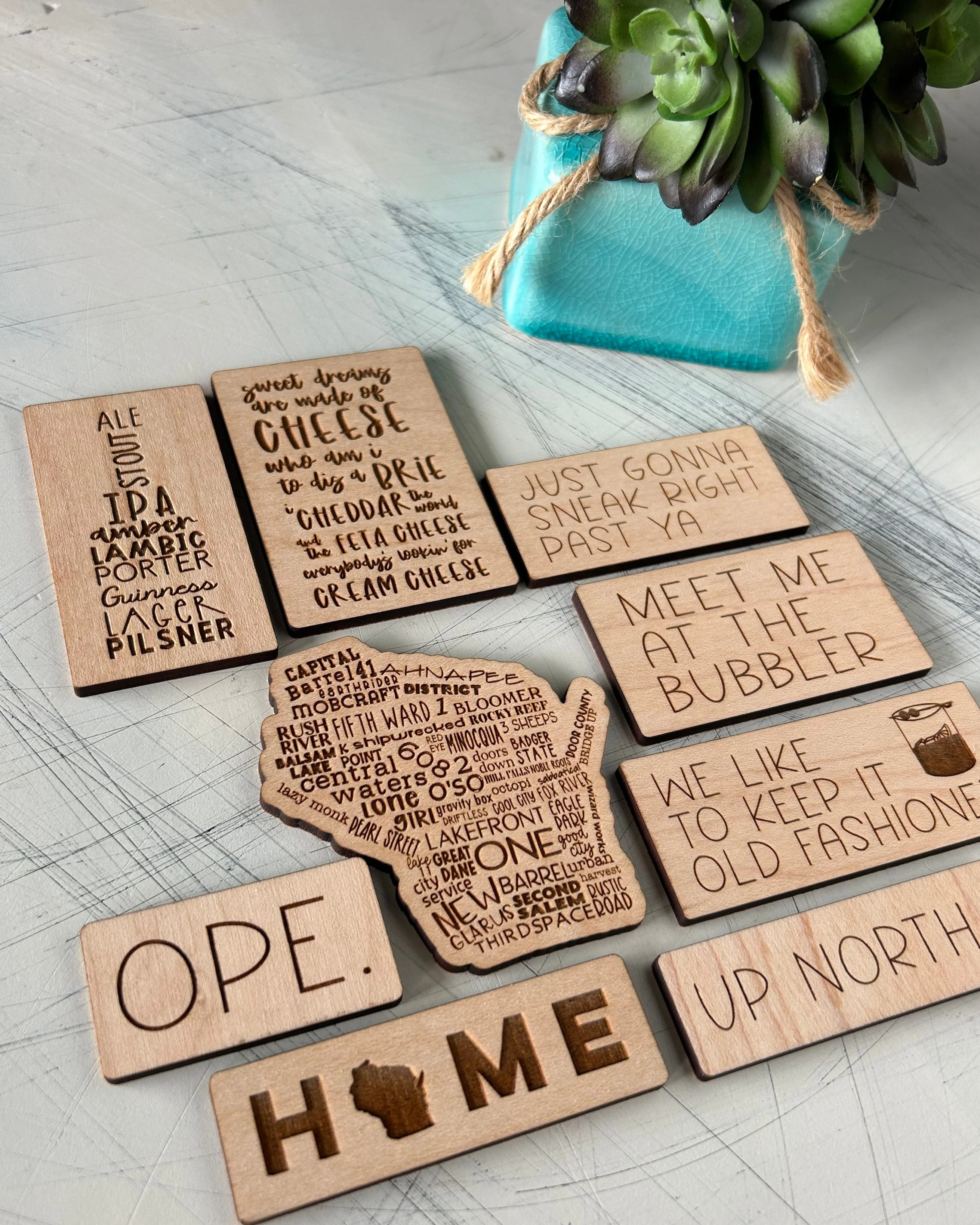 Wisconsin themed maple wood refrigerator magnet set of 9 - Image 2