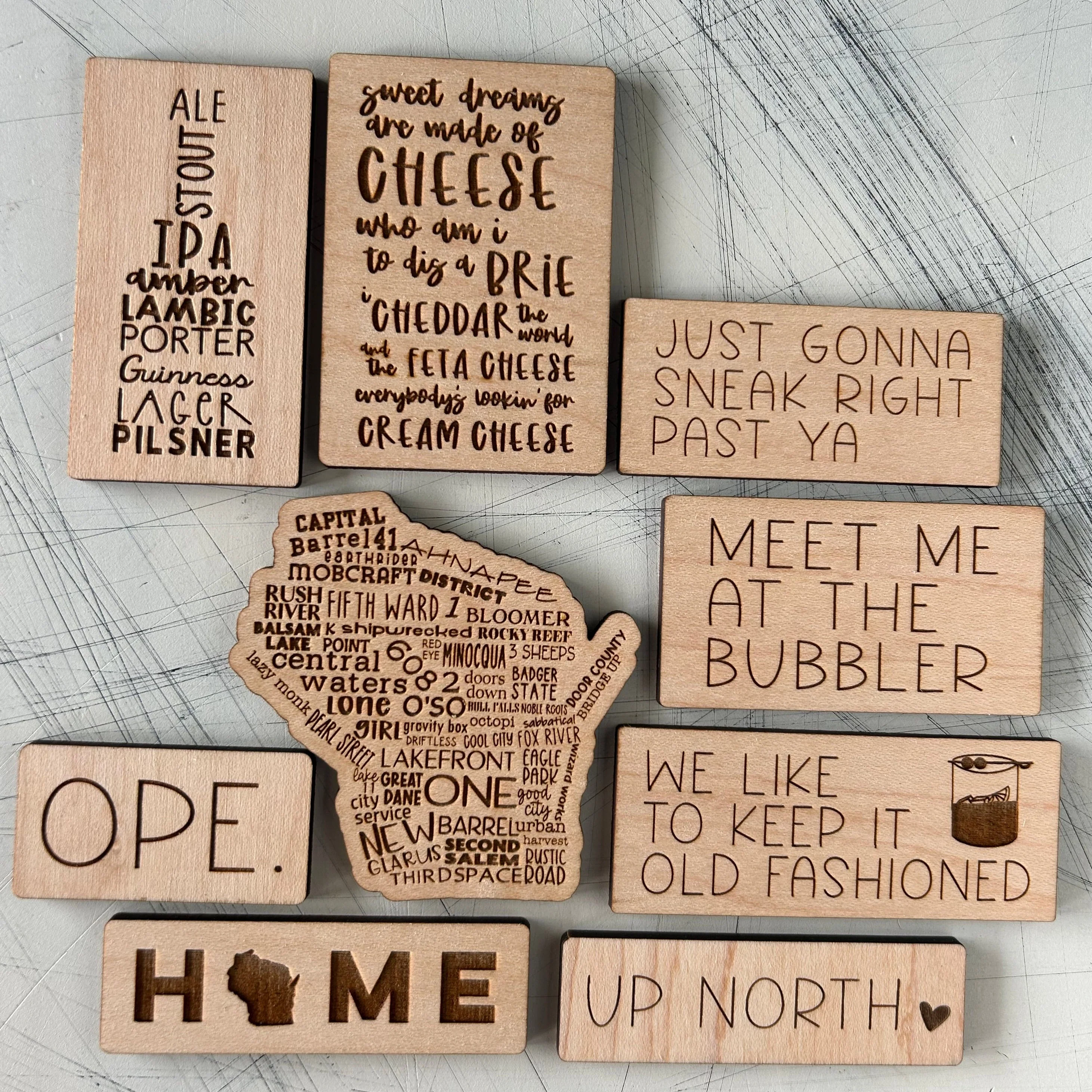 Wisconsin themed maple wood refrigerator magnet set of 9 - Image 4