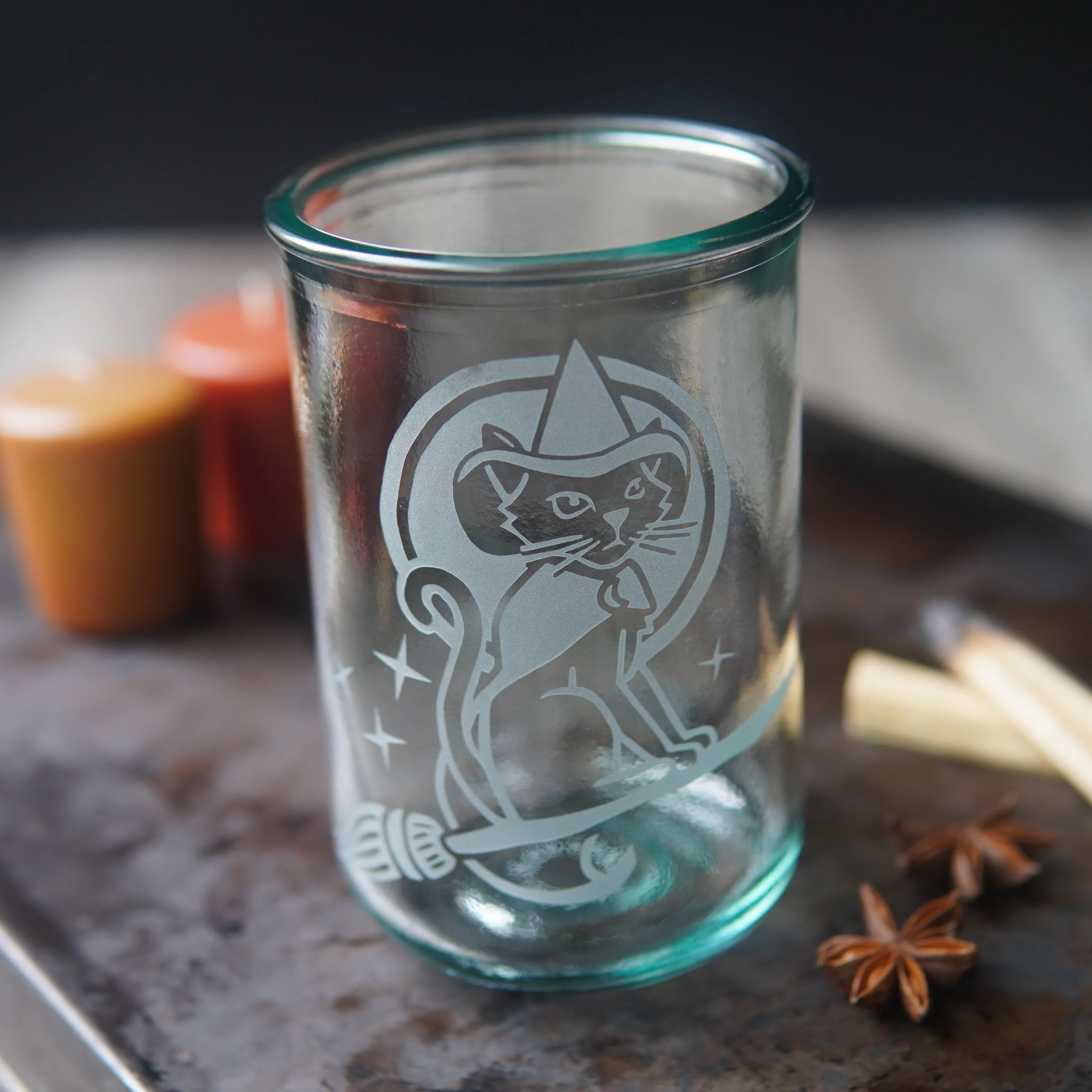 Witch Cat Rustic Recycled Glass Candle Cup - Image 2