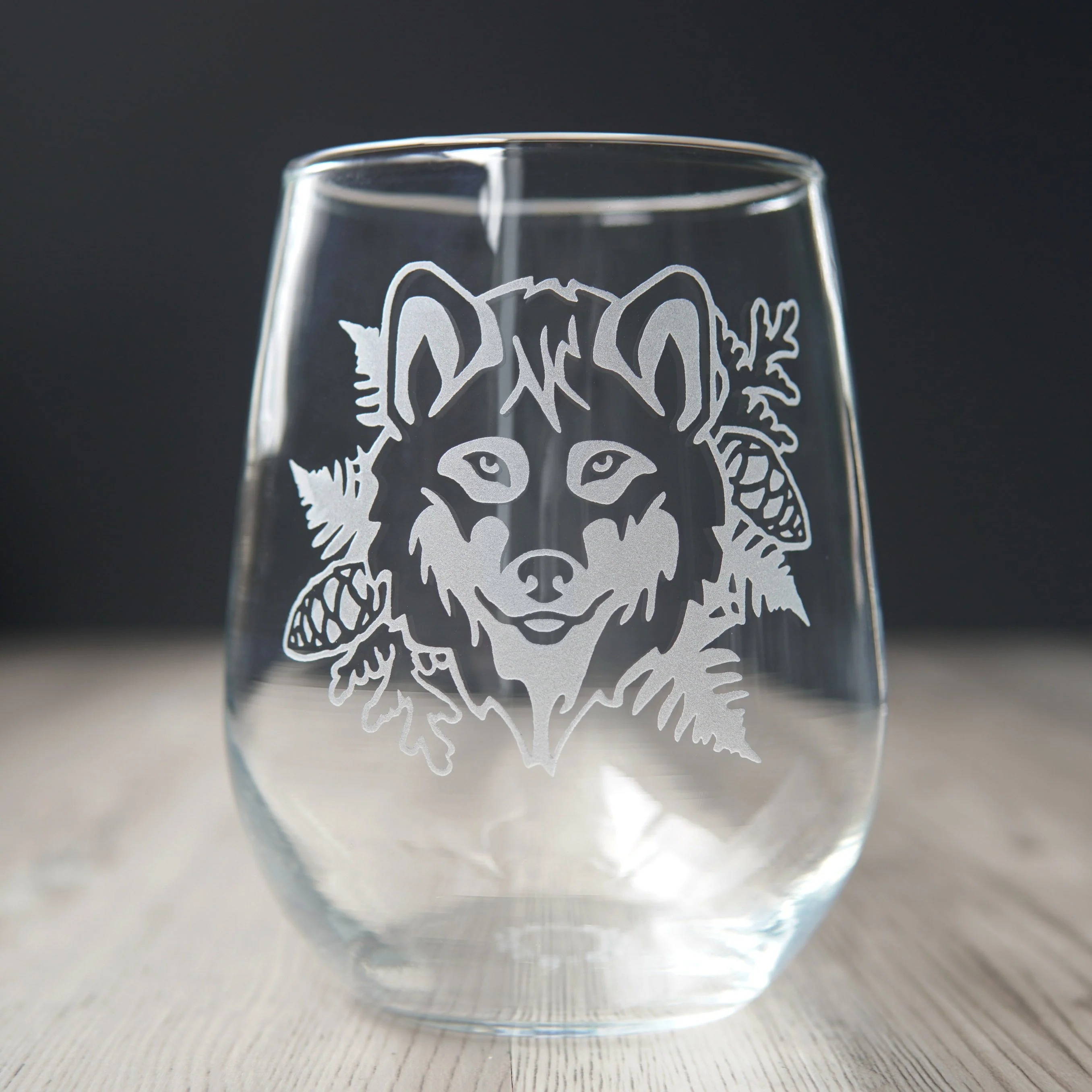Wolf Stemless Wine Glass - etched glassware - Image 3