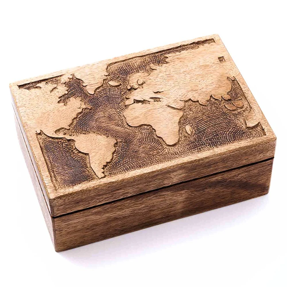 World Map Mango Wood Spice Box with 6 Steel Bowls - Image 2