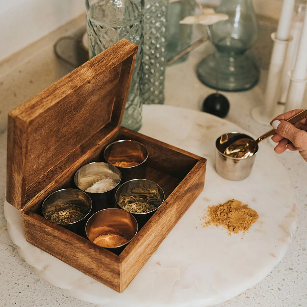 World Map Mango Wood Spice Box with 6 Steel Bowls - Image 3