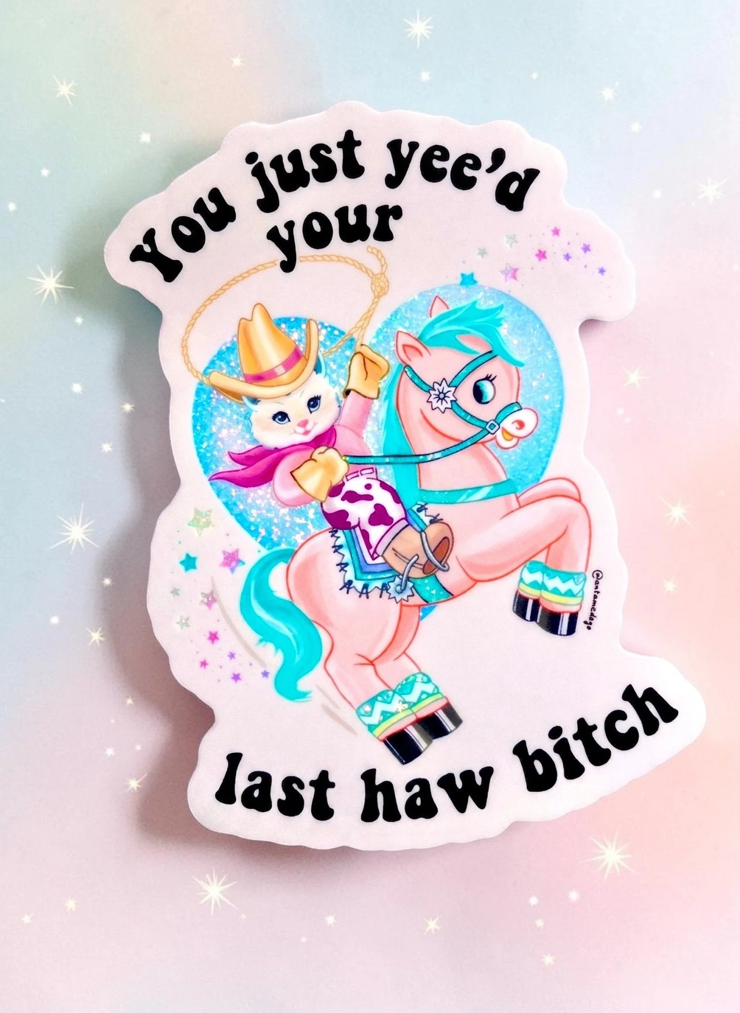 Cute Funny Sticker | Yeed Your Last Haw | Cowgirl Kitty Glitter Sticker | Aesthetic Vinyl Sticker - Image 2